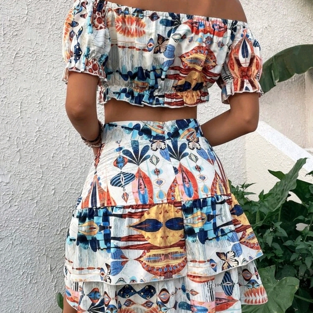 SHEIN Orange and Blue Mini Skater Skirt SET
